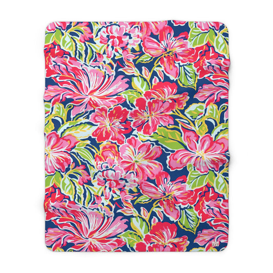 Tropical Floral Pattern Sherpa Fleece Blanket | Red Pink Green Hibiscus Print