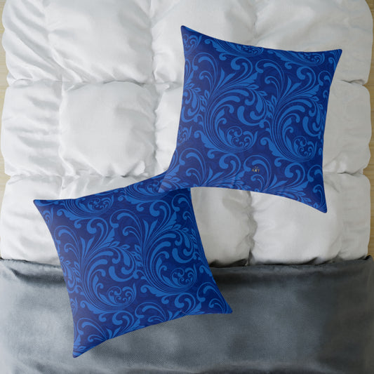 Blue Damask Scroll Pattern Square Pillow | Ornamental Floral Throw Pillow
