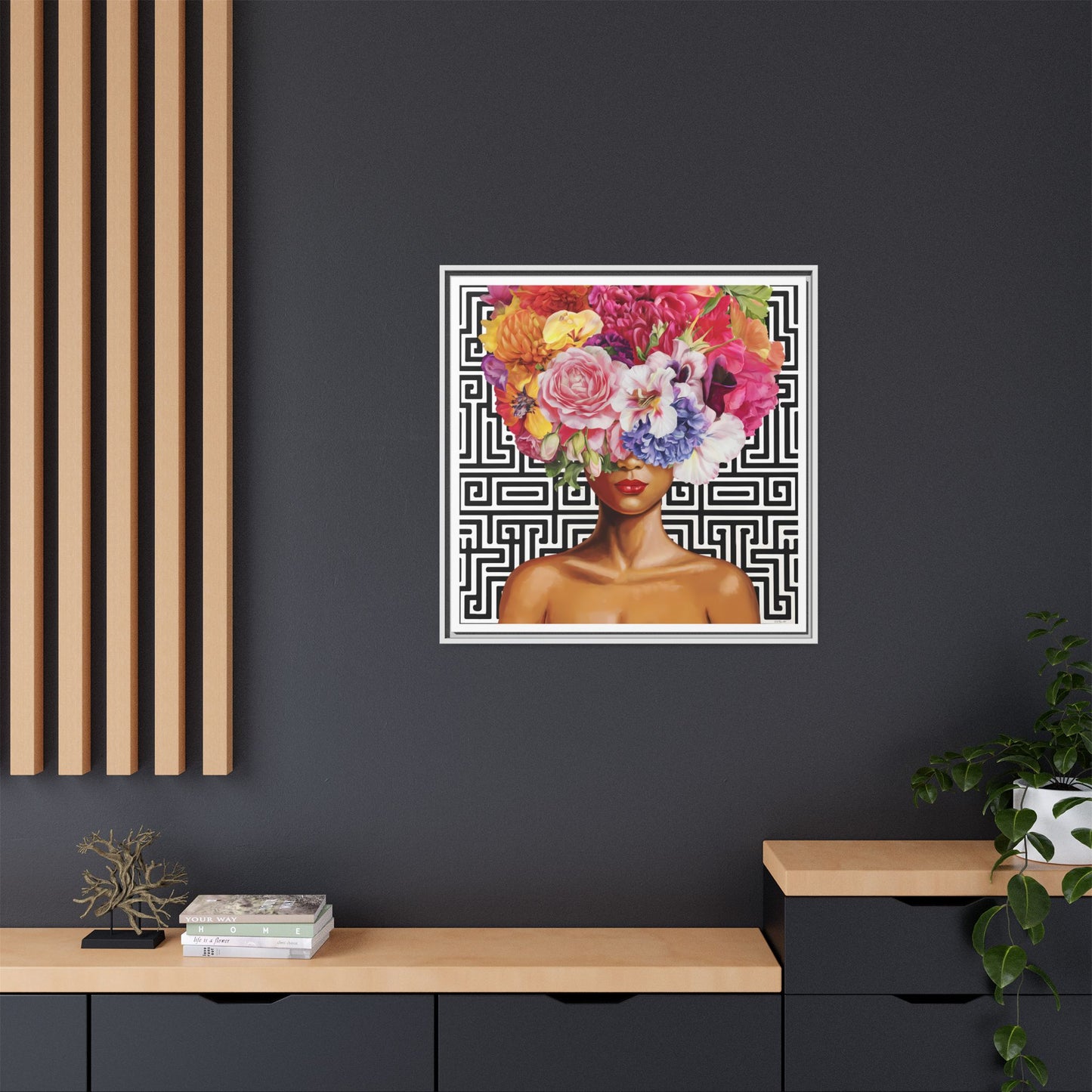 Framed Art Canvas: Vibrant Floral Portrait Decor, Boho Wall Art, Home Gallery, Gift for Her, Inspirational Art, Woman With Flower Head - LOLA VEGAS ART