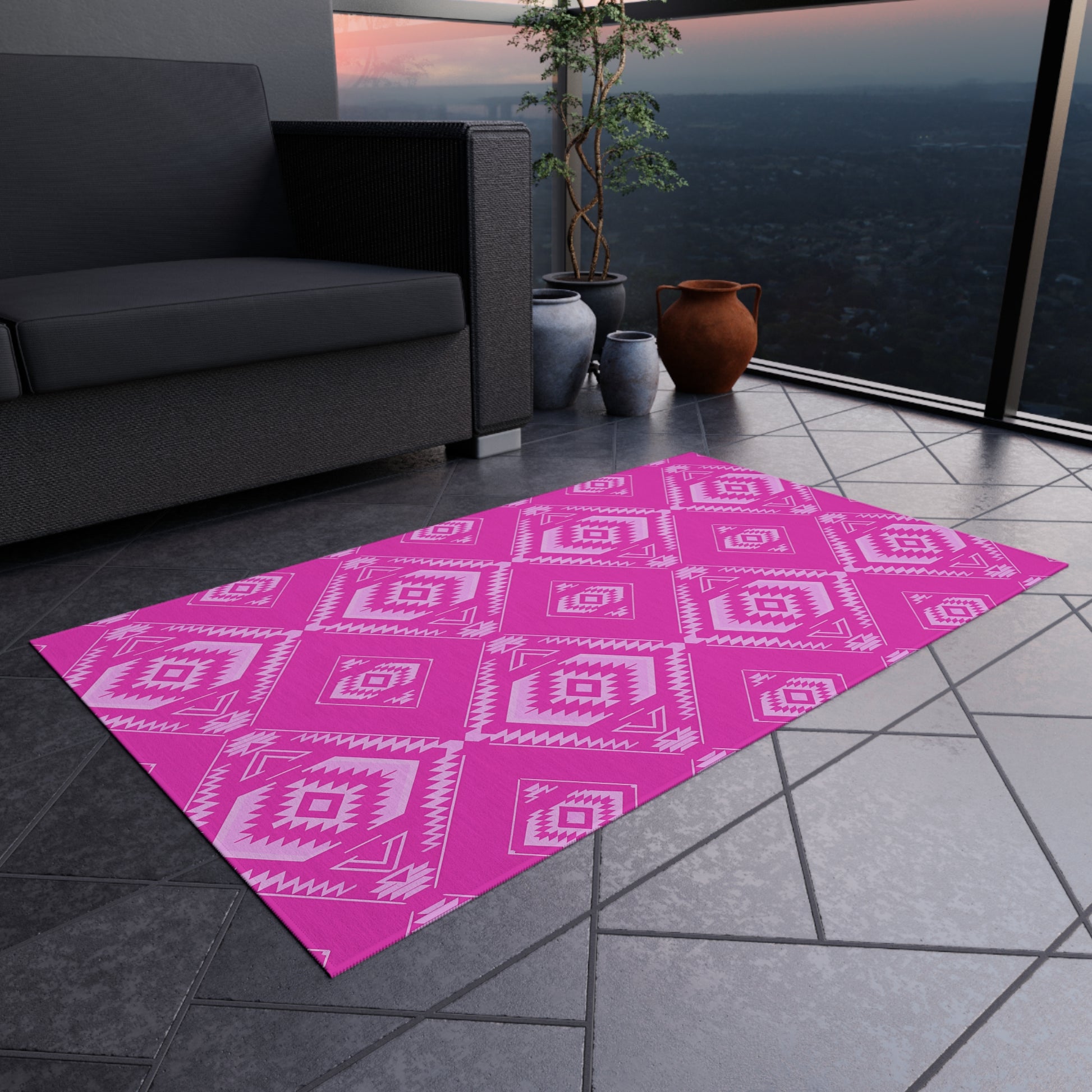 Fuchsia Southwestern Vibrant Outdoor Rug - Pink Geometric Pattern, Patio Decor, Boho Chic, Outdoor Spaces, Garden Mat, Home Essentials - LOLA VEGAS ART