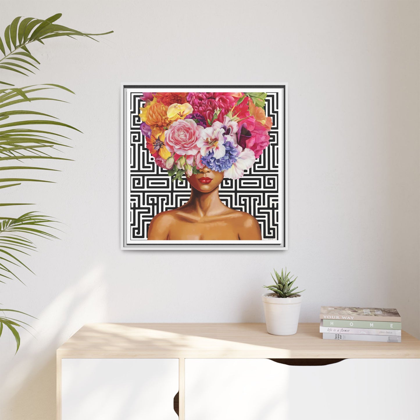 Framed Art Canvas: Vibrant Floral Portrait Decor, Boho Wall Art, Home Gallery, Gift for Her, Inspirational Art, Woman With Flower Head - LOLA VEGAS ART