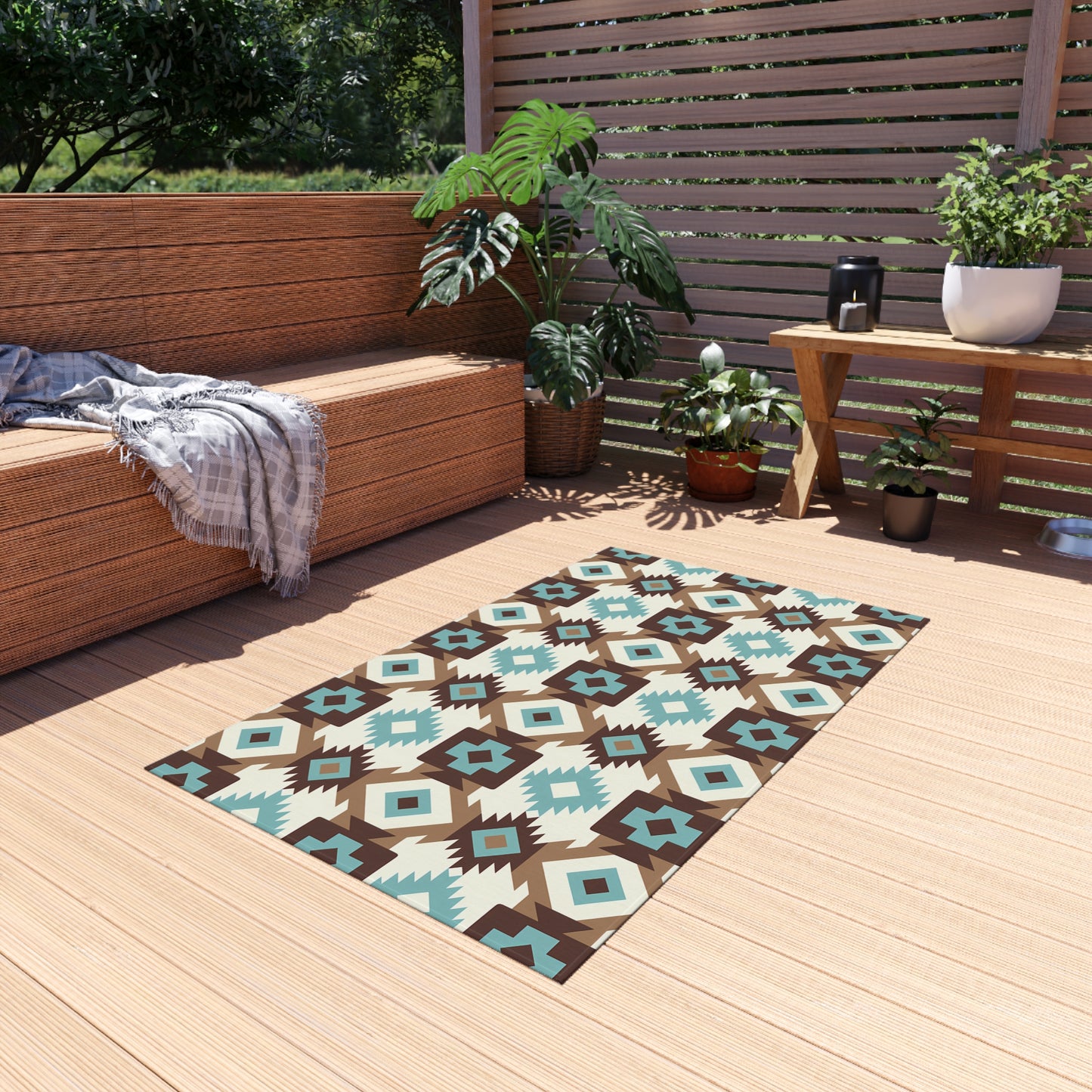 Turquoise, brown, white Stylish Outdoor/Indoor Rug for Patios, Bohemian Decor, Modern Outdoor Living, Picnic Essentials, Garden Party Decor - LOLA VEGAS ART