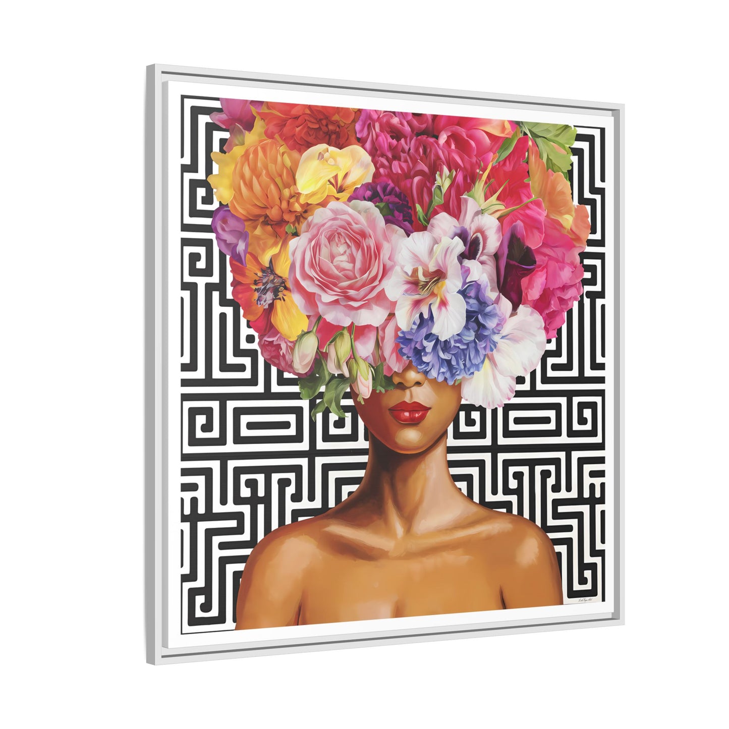 Framed Art Canvas: Vibrant Floral Portrait Decor, Boho Wall Art, Home Gallery, Gift for Her, Inspirational Art, Woman With Flower Head - LOLA VEGAS ART