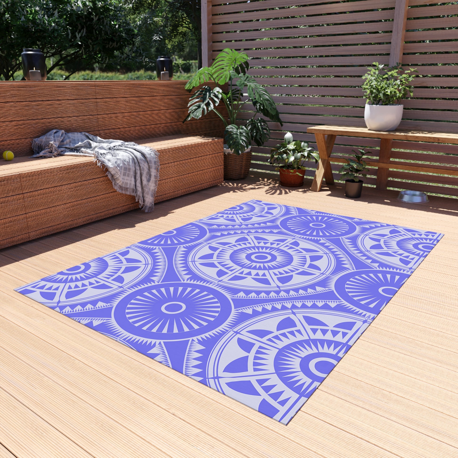 Purple and White Mandala Boho Outdoor Rug - Perfect for Patios, Picnics, Beach Fronts, Home Decor, Easy to Clean, Versatile Area Mat - LOLA VEGAS ART