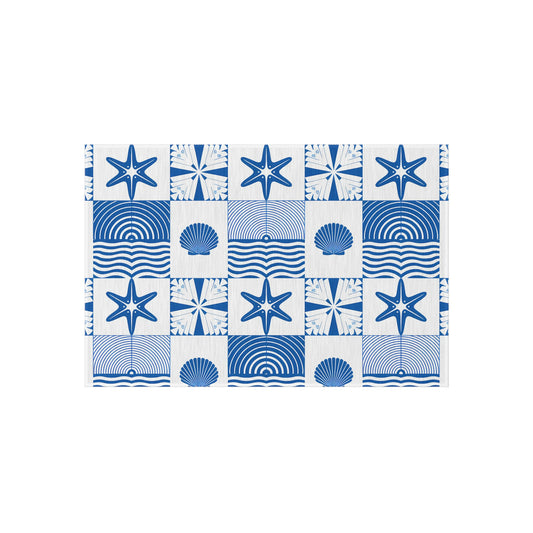Nautical Seashell Starfish Checkered Outdoor/Indoor Rug | Coastal Patio Mat