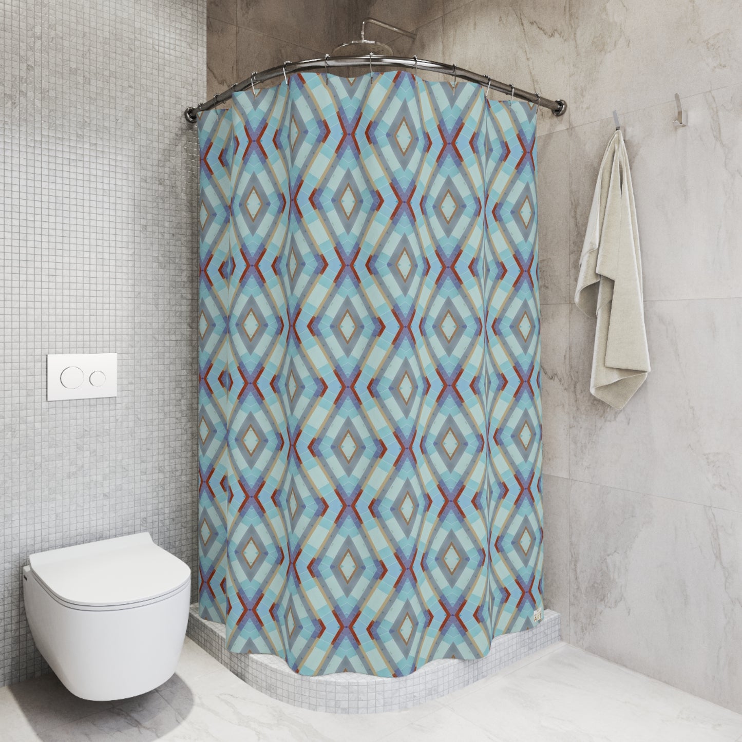 Blue Purple Dark Red Geometric Diamond Pattern Shower Curtain | Midcentury Modern