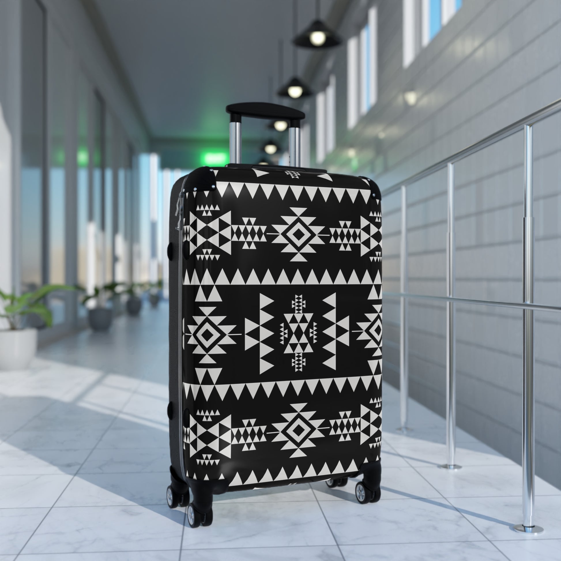 Trendy Black and Tribal White Patterned Suitcase for Stylish Travelers, Carry-On Luggage, Travel Gift, Vacation Essentials, Modern Design - LOLA VEGAS ART