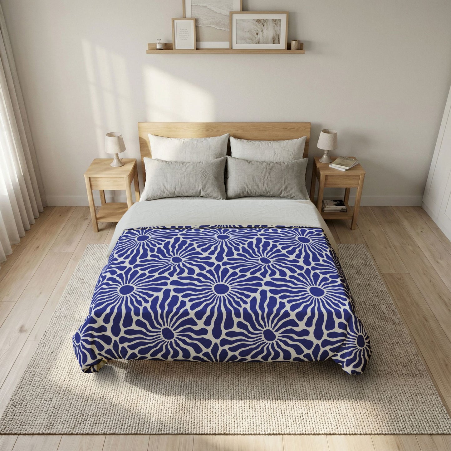 Blue Radiant Floral Cotton Duvet Cover | Geometric Daisy Pattern