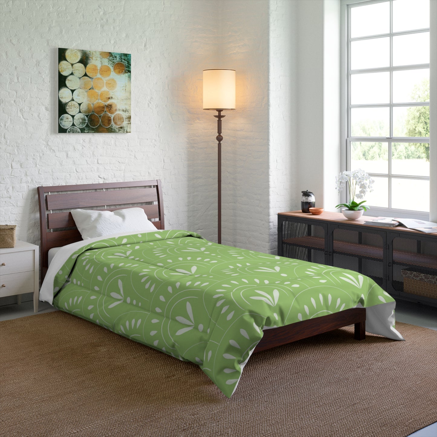 Boho Chic Comforter | Cozy Green Floral Duvet, Modern Bedroom Decor, Home Bedding, Eco-Friendly Textile - LOLA VEGAS ART