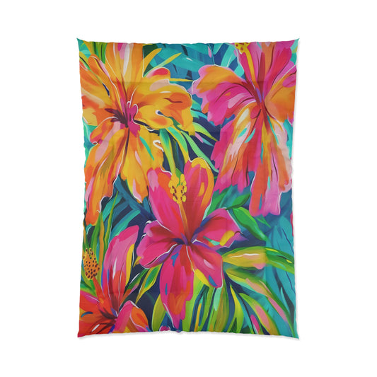 Tropical Floral Comforter - Vibrant Bedding for a Relaxing Bedroom Retreat, Summer Decor, Tropical Vibe, Gift for Nature Lovers, Colorful - LOLA VEGAS ART