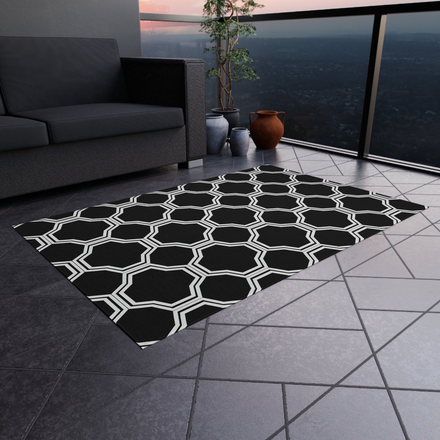 Black Geometric Trellis Outdoor/Indoor Rug | Octagon Pattern Patio Mat
