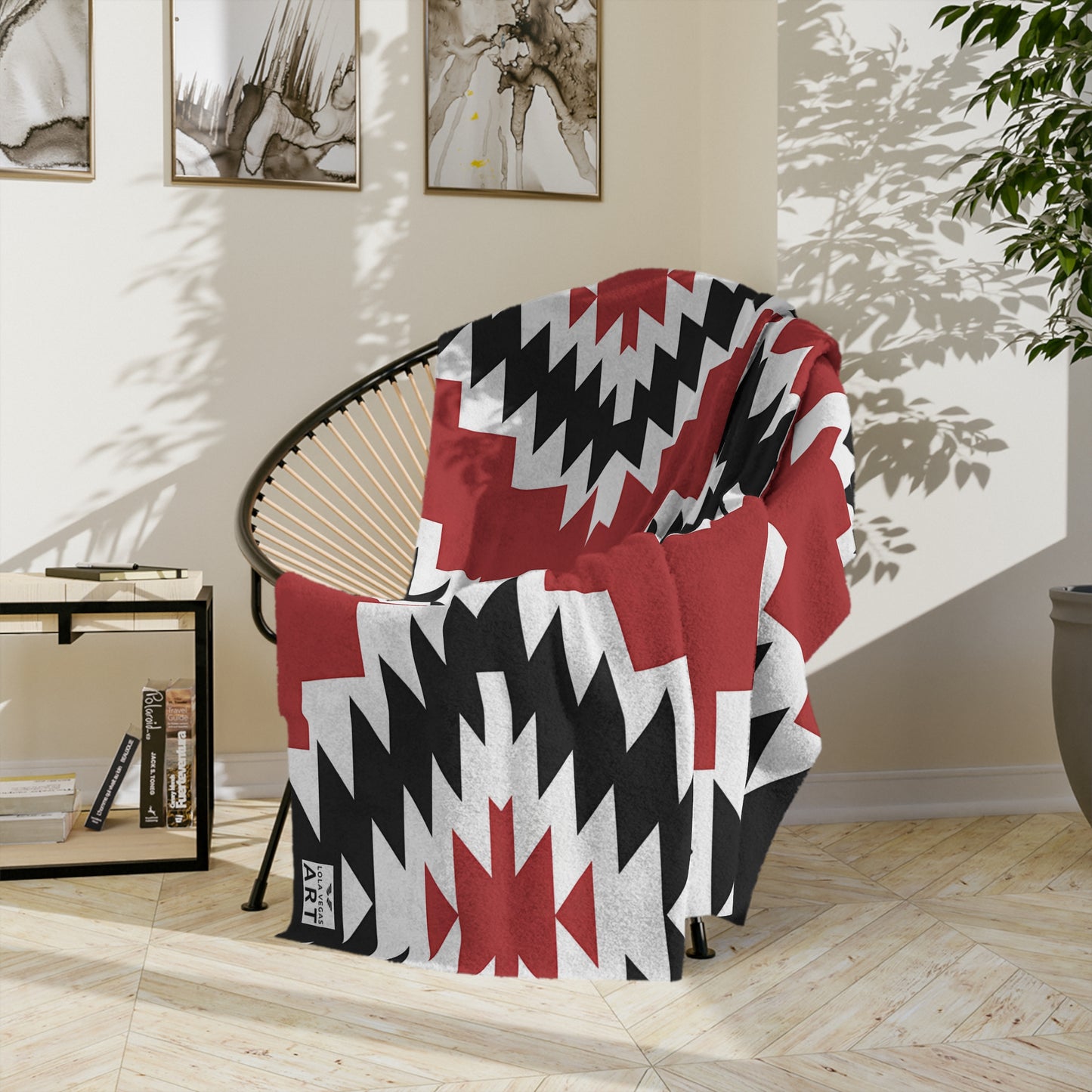 Southwest Diamond Aztec Velveteen Microfiber Blanket | Red Black Geometric