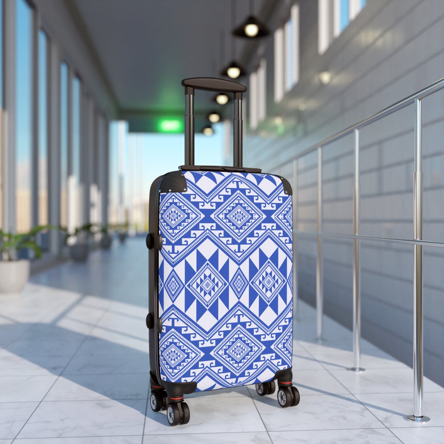 Stylish Suitcase with Blue Geometric Pattern, Travel Luggage, Trendy Carry-On, Vacation Gear, Fashionable Weekend Getaway - LOLA VEGAS ART