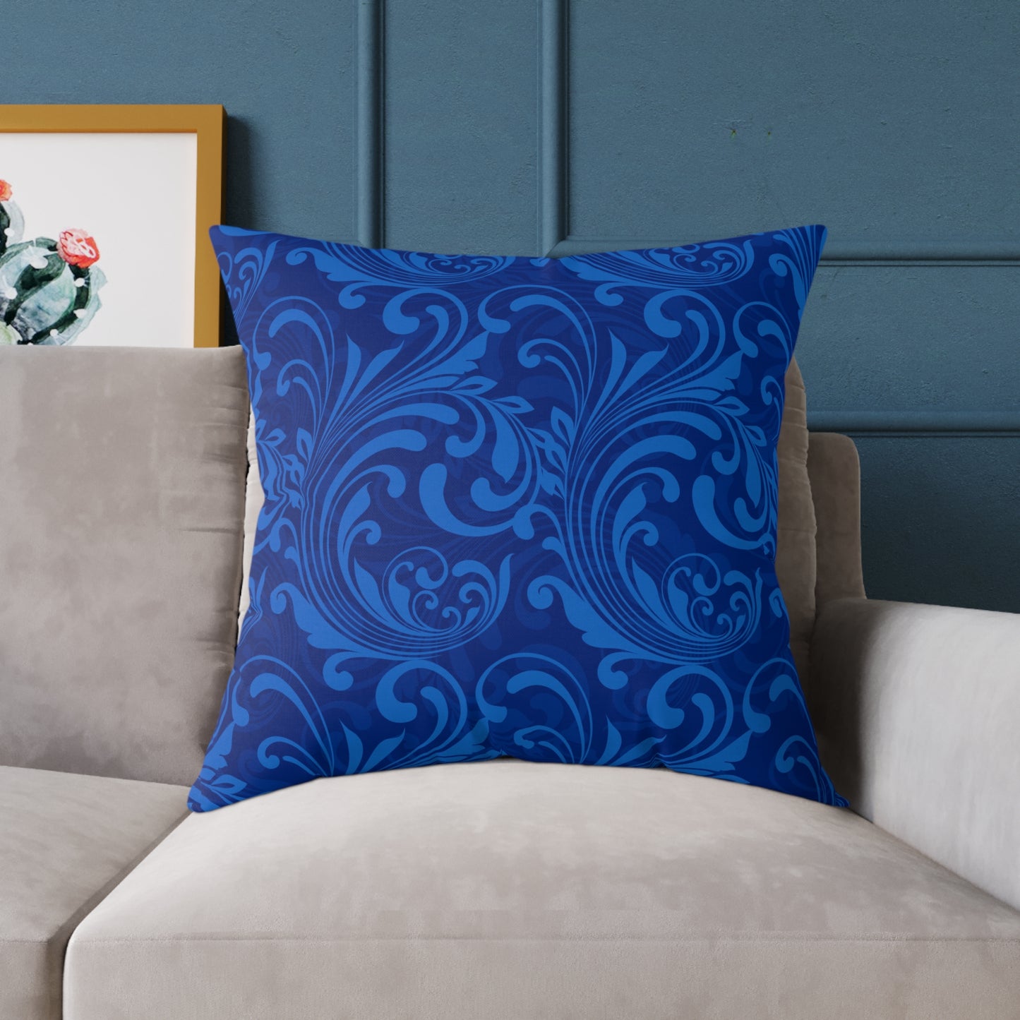 Blue Damask Scroll Pattern Square Pillow | Ornamental Floral Throw Pillow