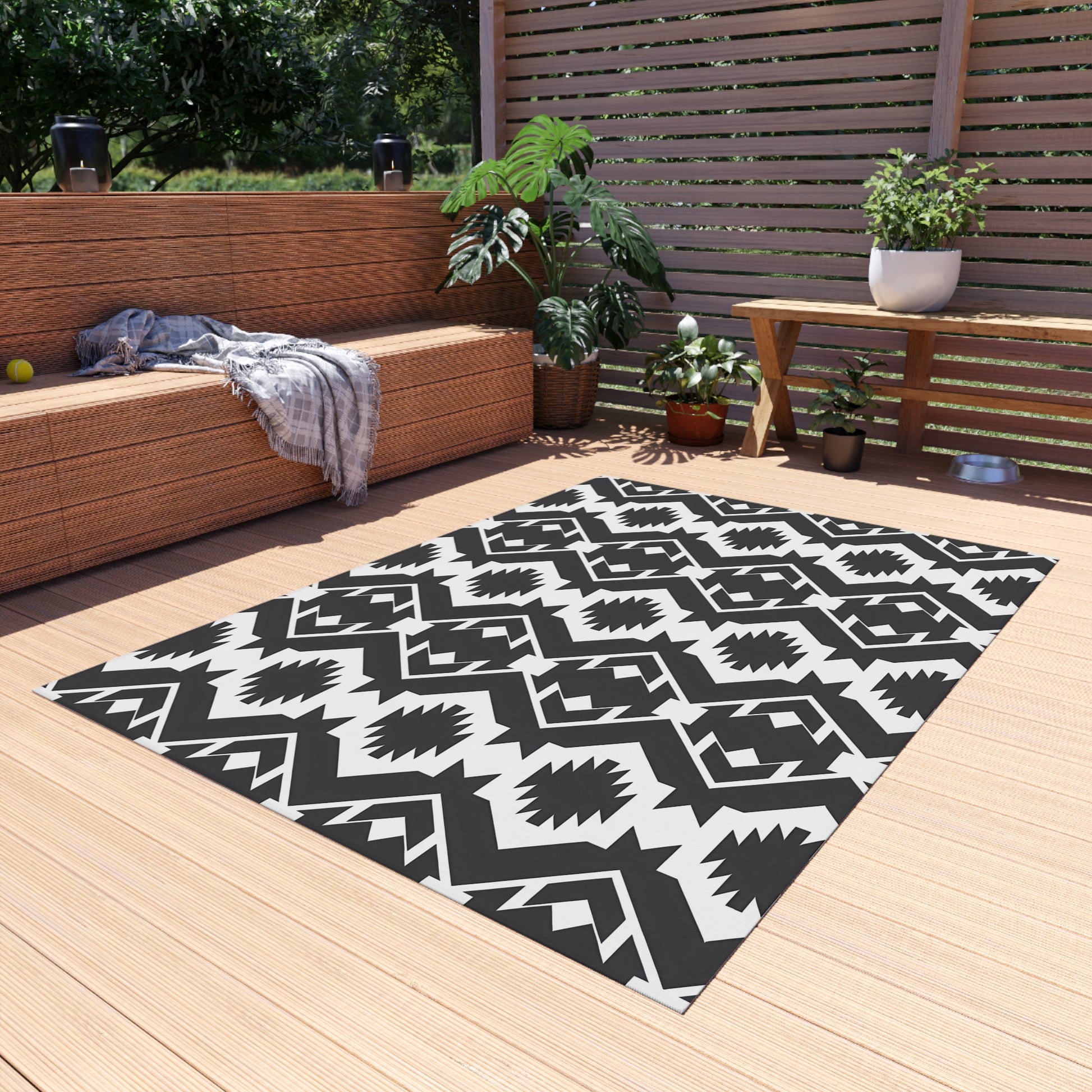 Black and White Southwestern Stylish Outdoor Rug for Patio, Boho Home Decor, Indoor-Outdoor Mat, Modern Area Rug, Garden Party Essential - LOLA VEGAS ART