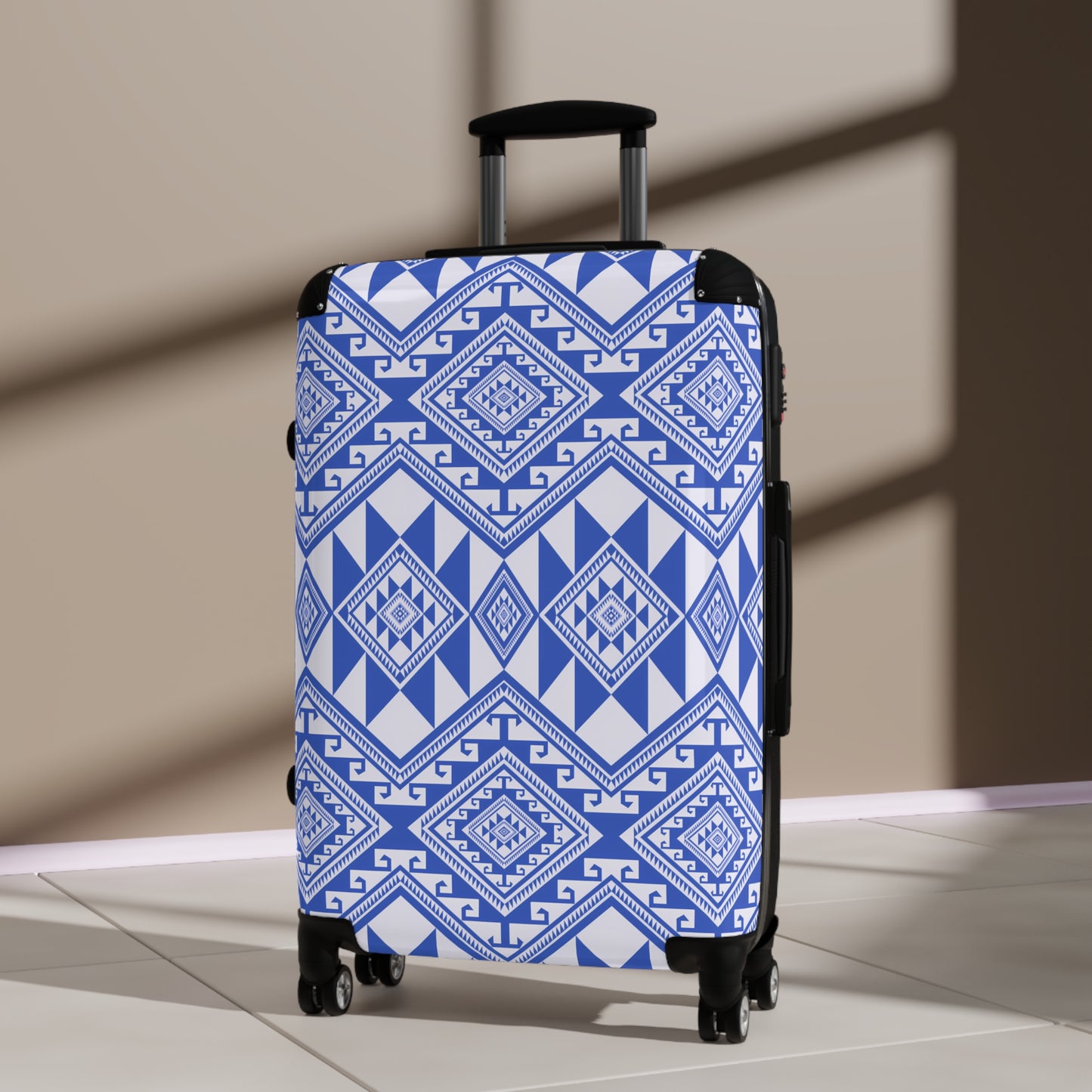 Stylish Suitcase with Blue Geometric Pattern, Travel Luggage, Trendy Carry-On, Vacation Gear, Fashionable Weekend Getaway - LOLA VEGAS ART