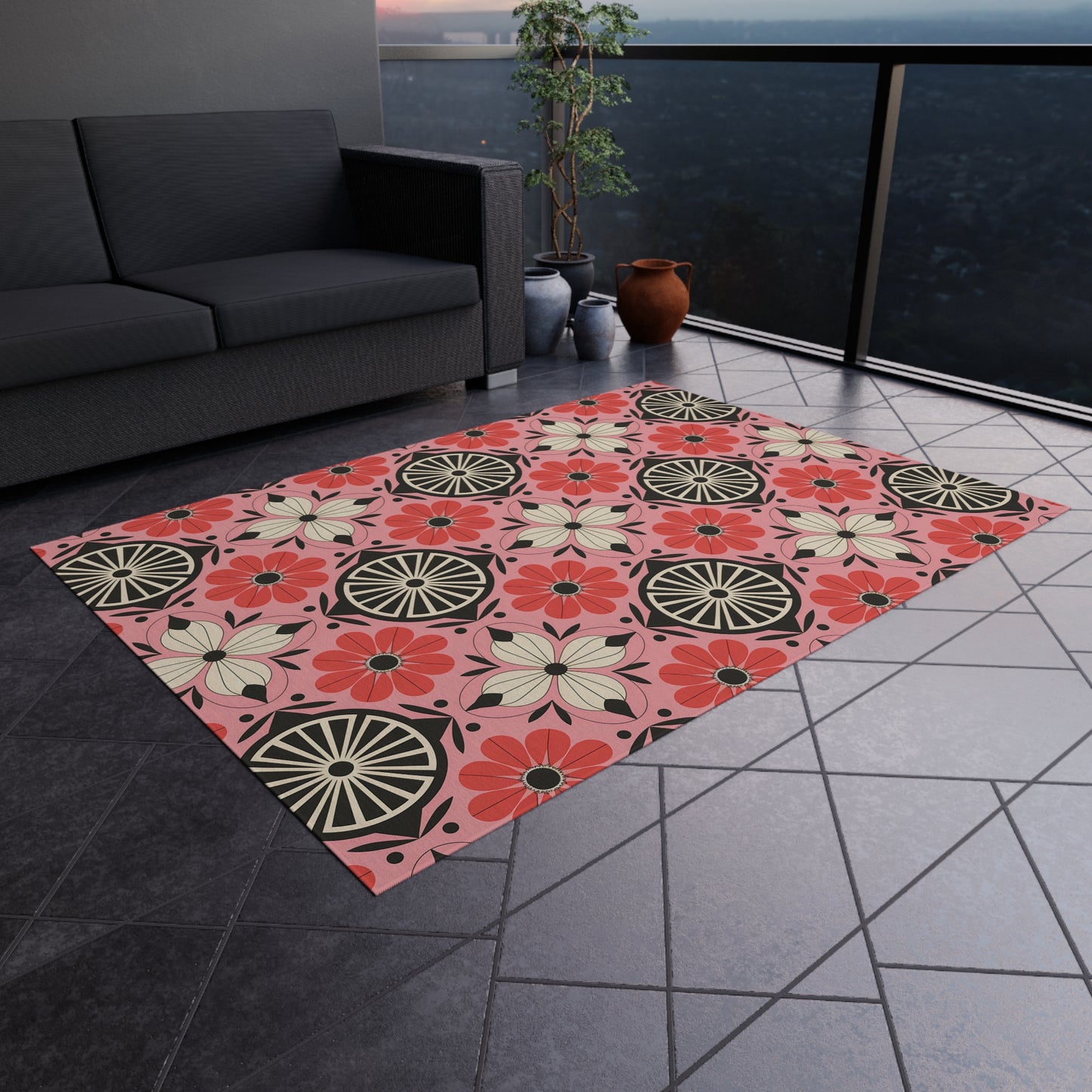 Pink, black and White Colorful Floral Outdoor/Indoor Rug, Garden Decor, Patio Mat, Boho Style Area Carpet, Eco-Friendly Home Accent