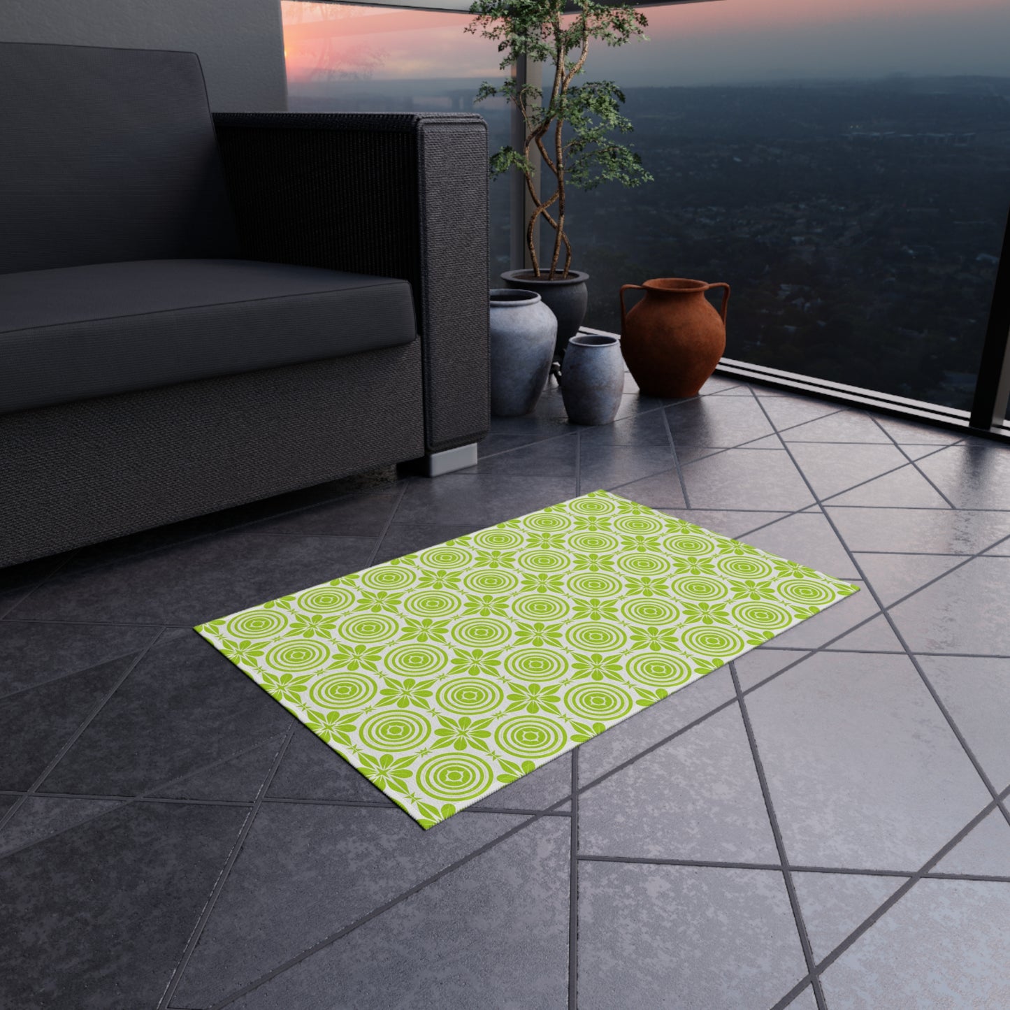 Vibrant Green and White Outdoor Rug, Decorative Patio Mat, Garden Floor Covering, Picnic Area Carpet, Stylish Outdoor Decor