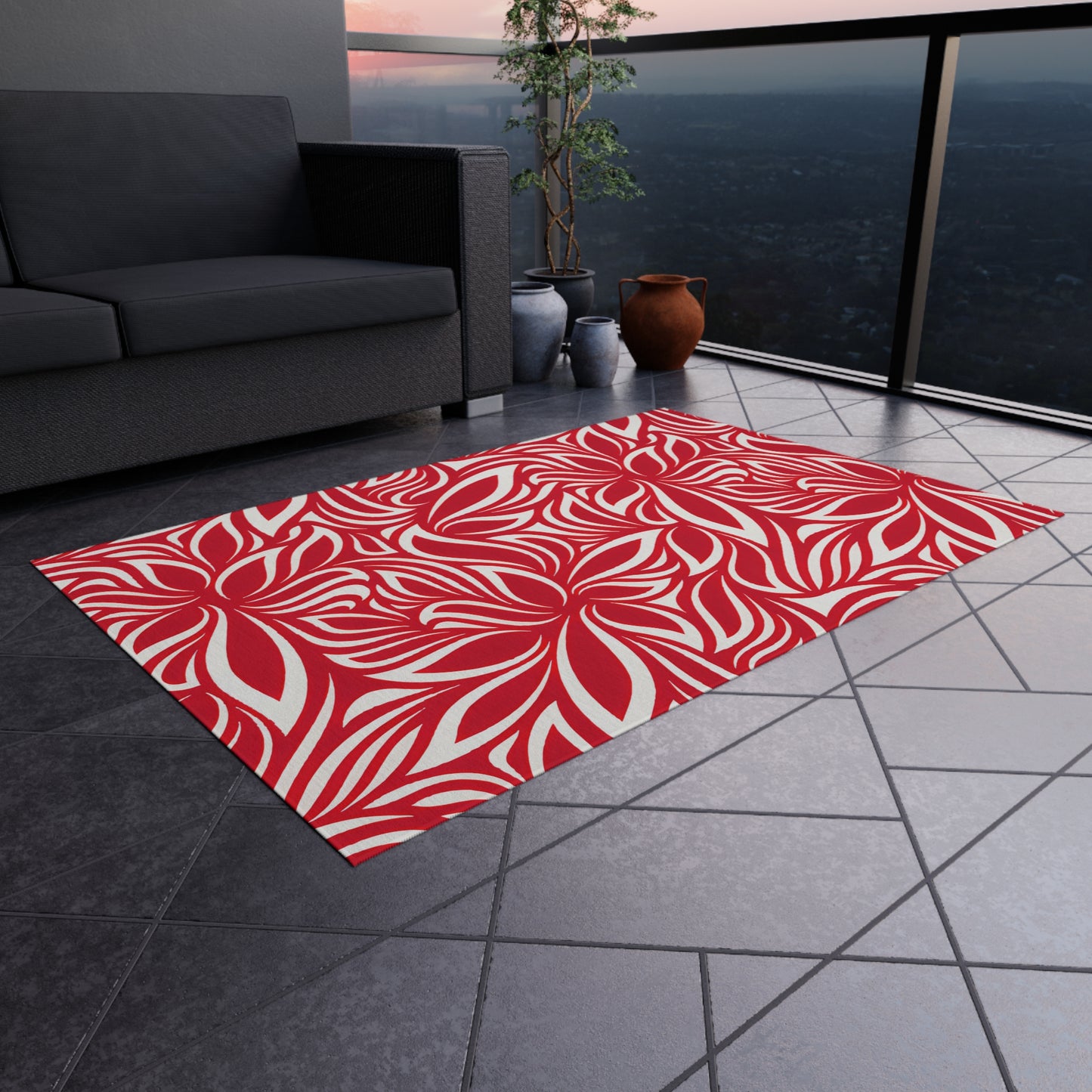Red White Tropical Leaf Pattern Outdoor/Indoor Rug | Patio Mat