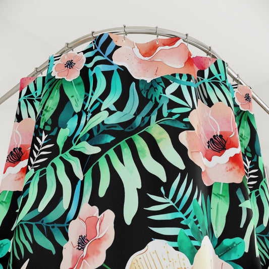 Coral Poppy Floral Tropical Shower Curtain | Green Palm Leaves