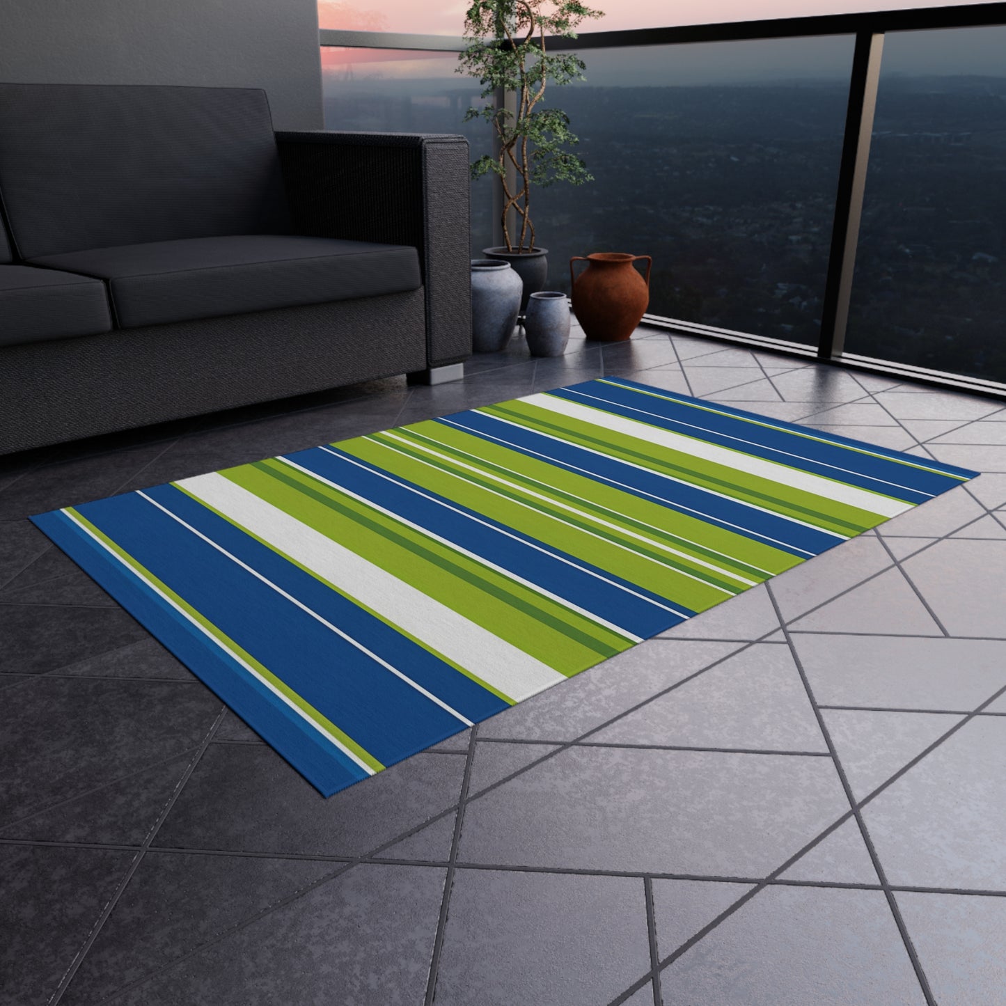 Blue Green Stripe Outdoor/Indoor Rug | Patio Mat, Weatherproof Outdoor Rug