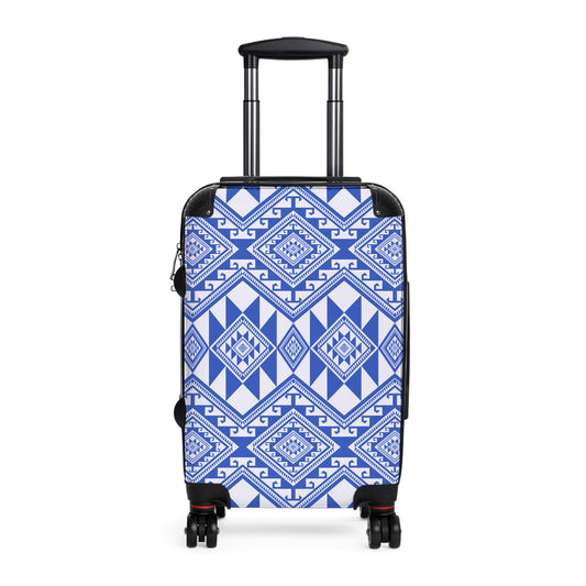 Stylish Suitcase with Blue Geometric Pattern, Travel Luggage, Trendy Carry-On, Vacation Gear, Fashionable Weekend Getaway - LOLA VEGAS ART