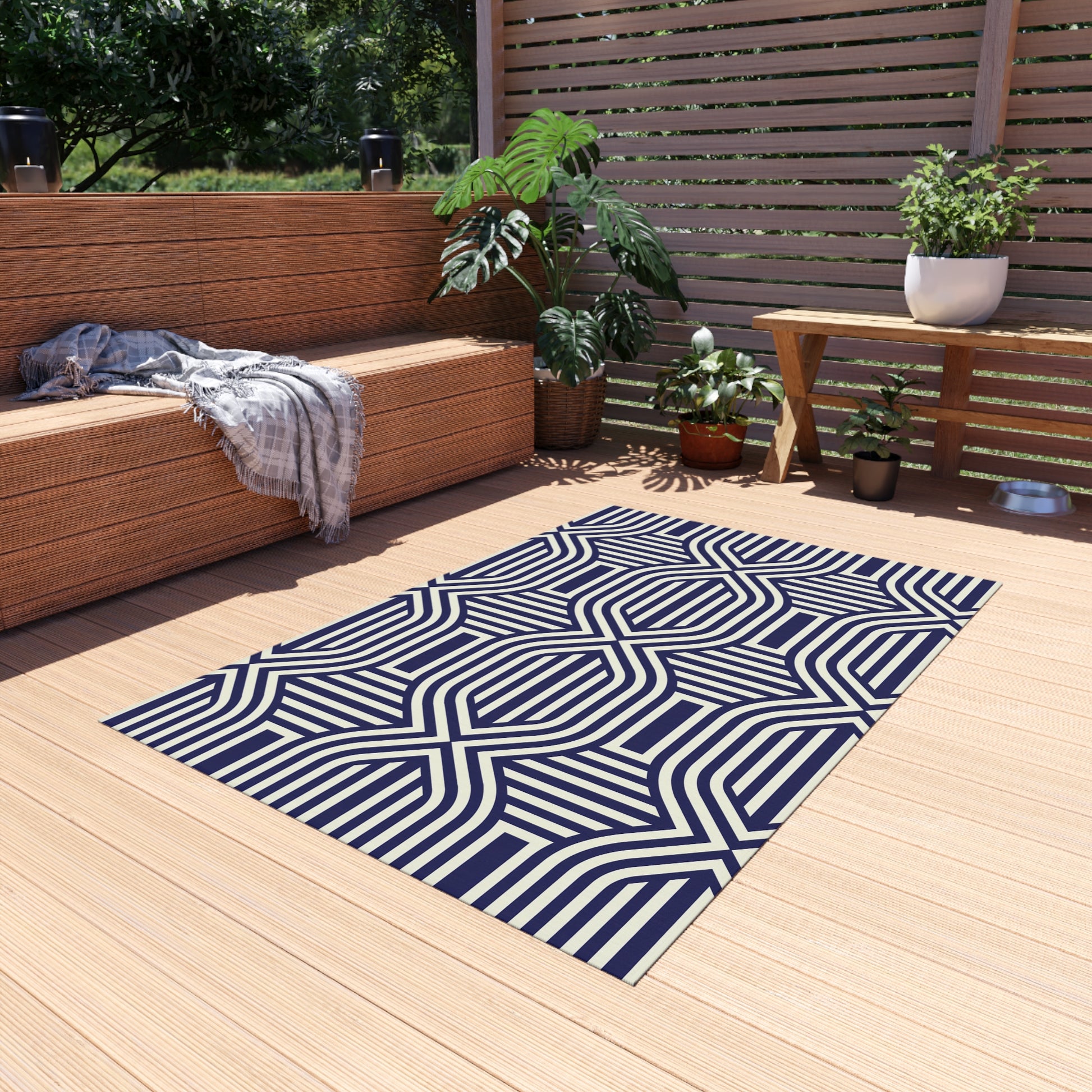 Navy and White Stylish Outdoor Rug, Patio Decor, Garden Mat, Indoor-Outdoor Area Rug, Beach Blanket, Porch Accent, Home Decoration - LOLA VEGAS ART