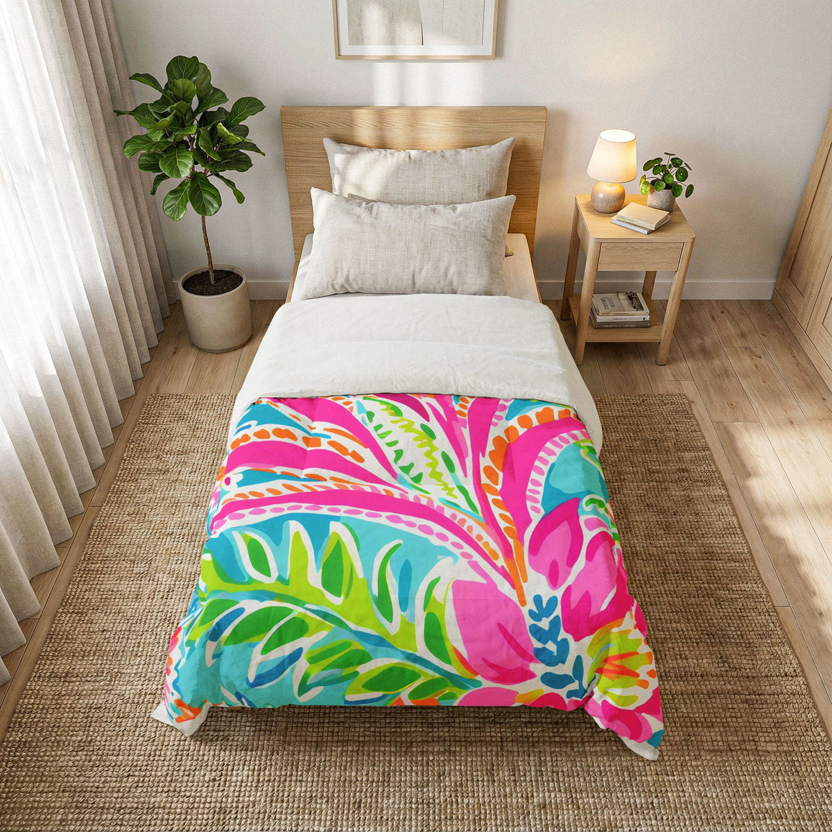 Tropical Floral Pattern Cotton Comforter | Bright Pink Blue Green Leaves