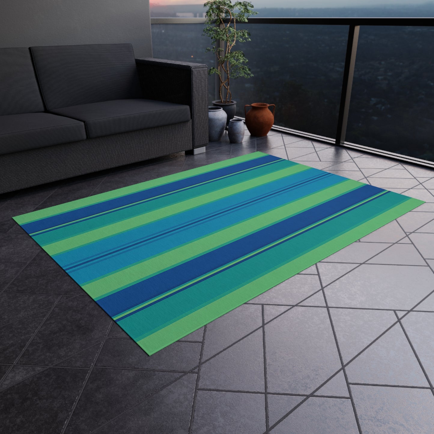 Blue Green Striped Outdoor Rug | Indoor Rug