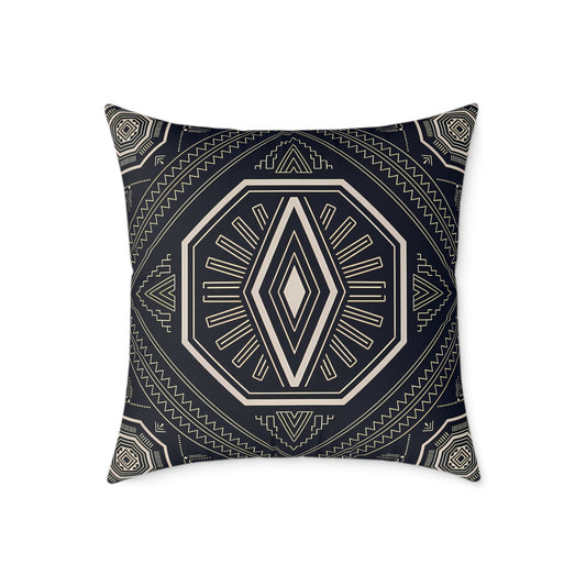 Geometric Black & Cream Tribal Medallion Square Pillow | Boho Aztec Pattern