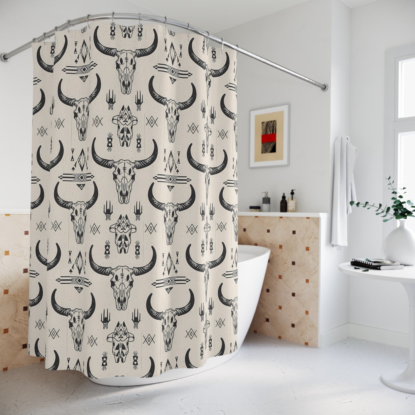 Rustic Bull Skull Shower Curtain - Boho Home Decor, Western Style Bathroom, Unique Gift for Cowgirls and Farmhouse Lovers, Tribal Design - LOLA VEGAS ART