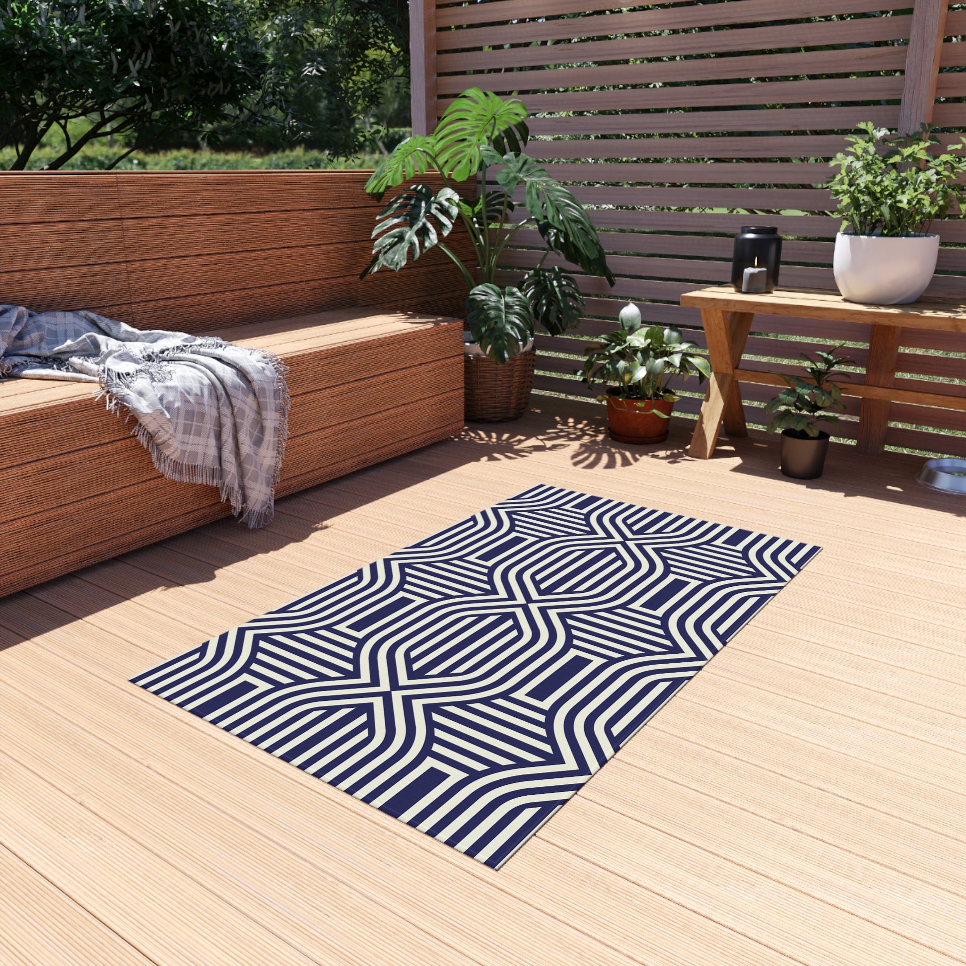 Navy and White Stylish Outdoor Rug, Patio Decor, Garden Mat, Indoor-Outdoor Area Rug, Beach Blanket, Porch Accent, Home Decoration - LOLA VEGAS ART