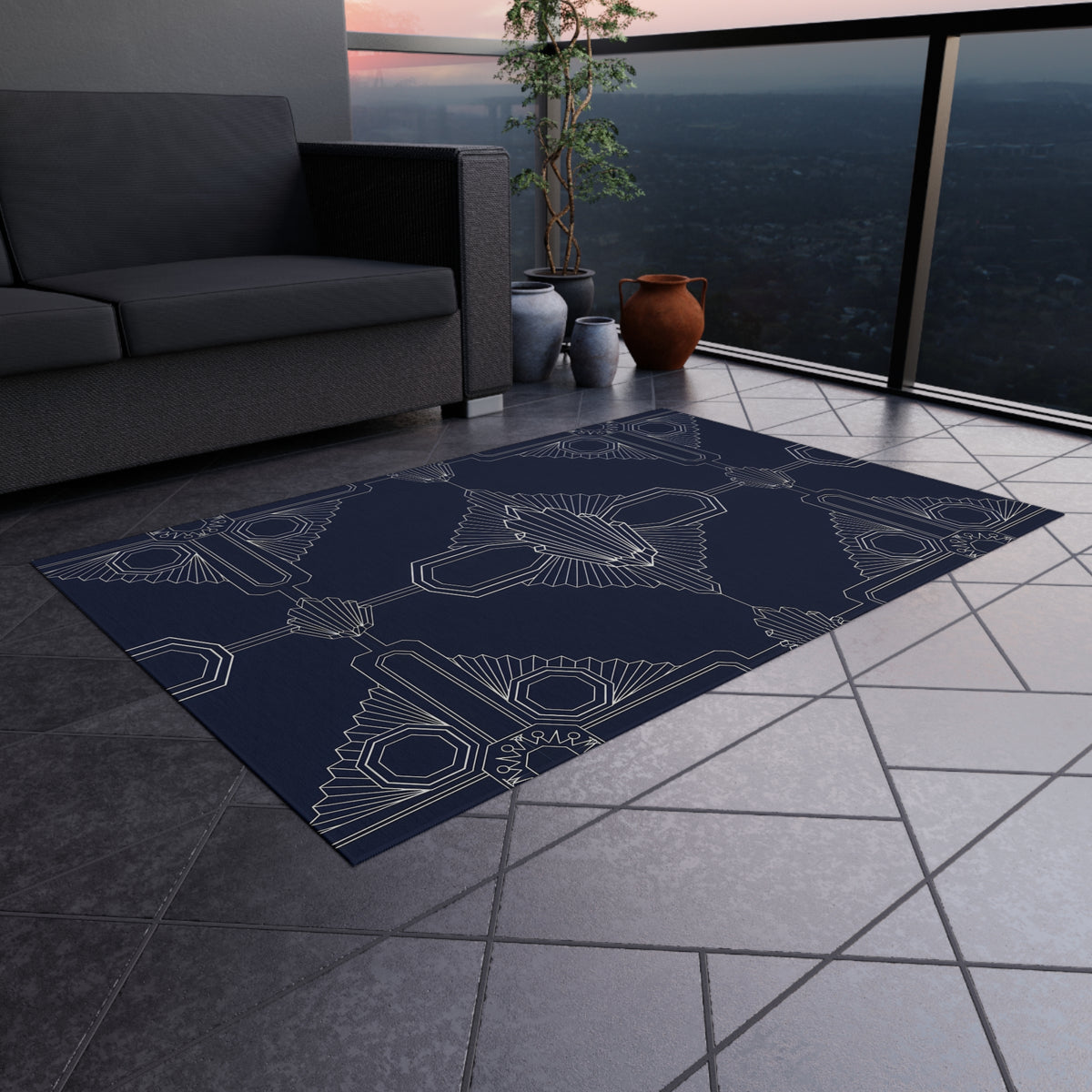 Art Deco Geometric Outdoor Rug | Navy Patterned Patio Mat