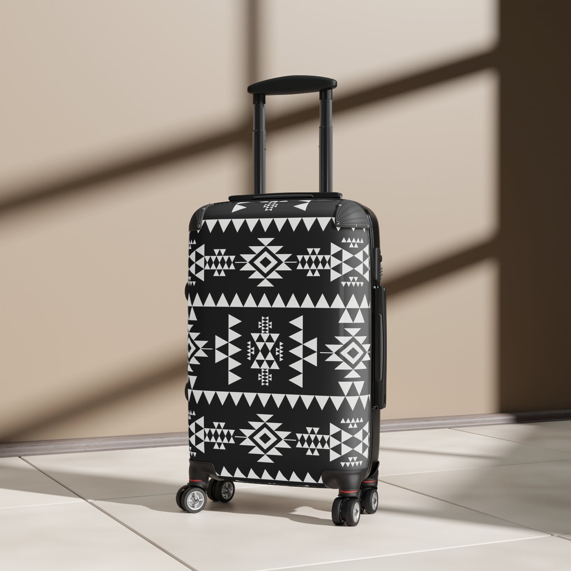 Trendy Black and Tribal White Patterned Suitcase for Stylish Travelers, Carry-On Luggage, Travel Gift, Vacation Essentials, Modern Design - LOLA VEGAS ART