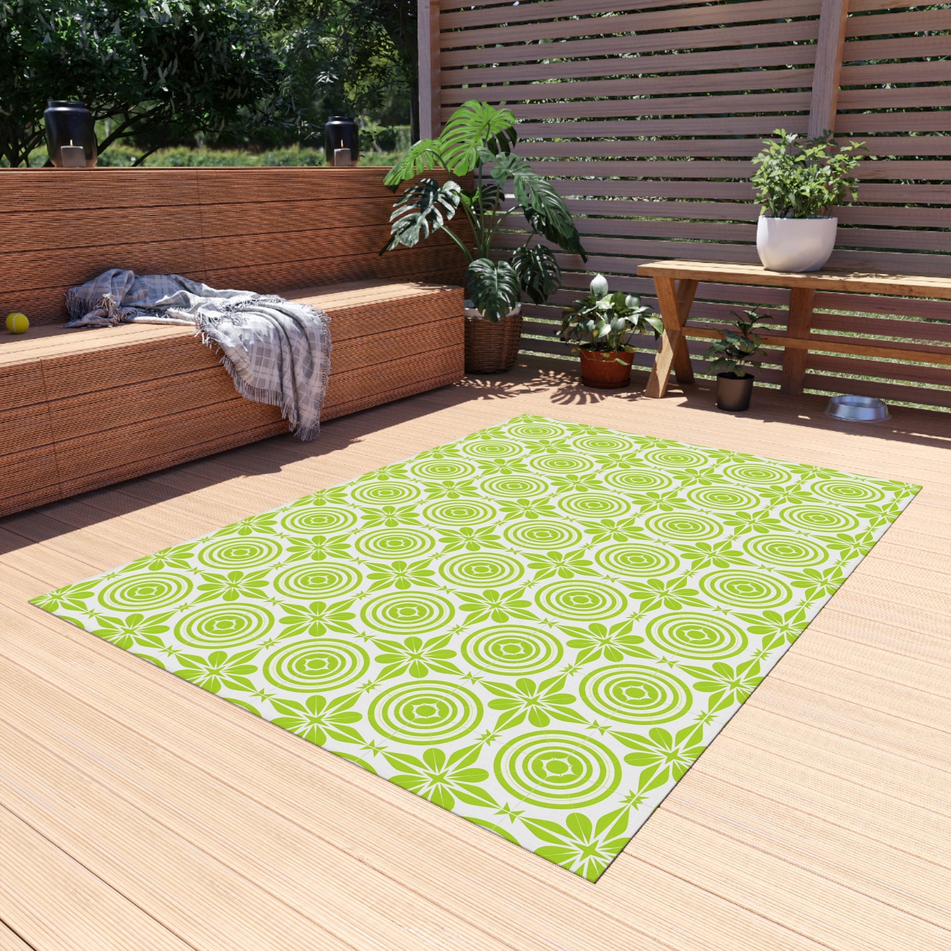 Vibrant Green and White Outdoor Rug, Decorative Patio Mat, Garden Floor Covering, Picnic Area Carpet, Stylish Outdoor Decor - LOLA VEGAS ART