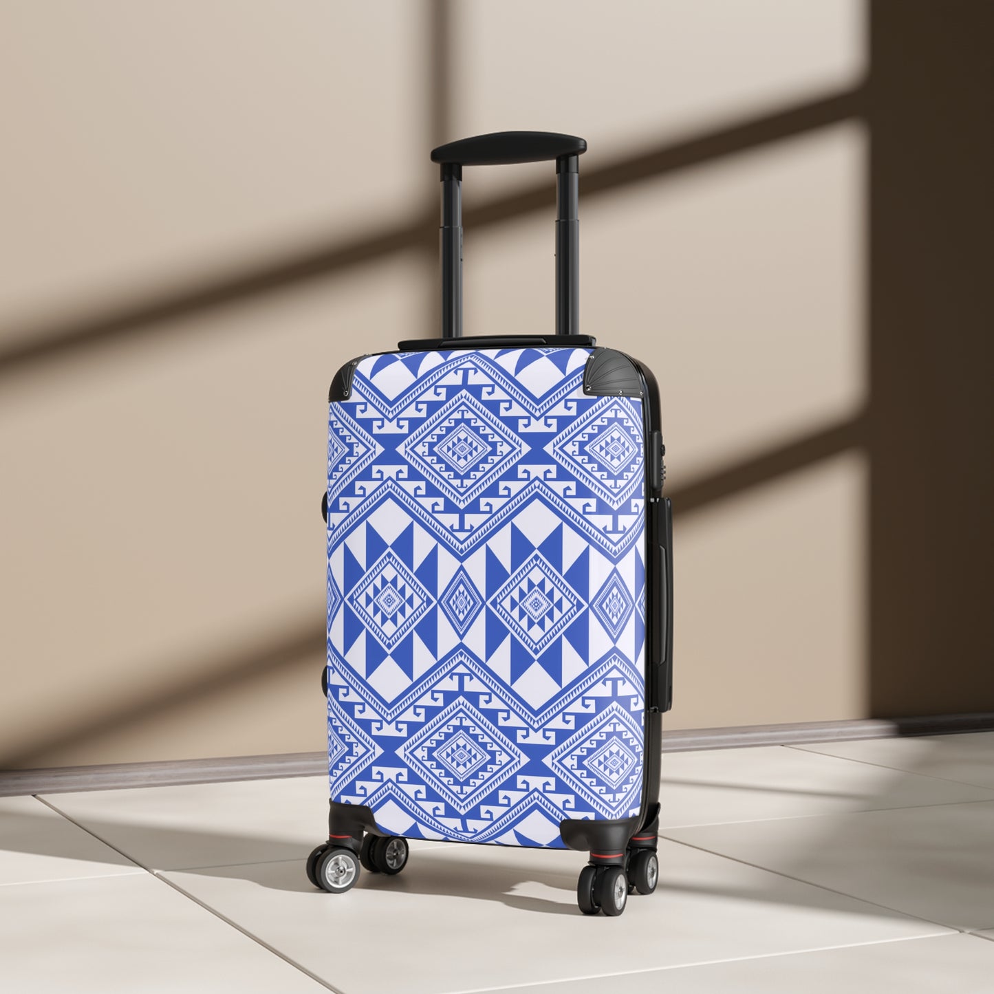 Stylish Suitcase with Blue Geometric Pattern, Travel Luggage, Trendy Carry-On, Vacation Gear, Fashionable Weekend Getaway - LOLA VEGAS ART
