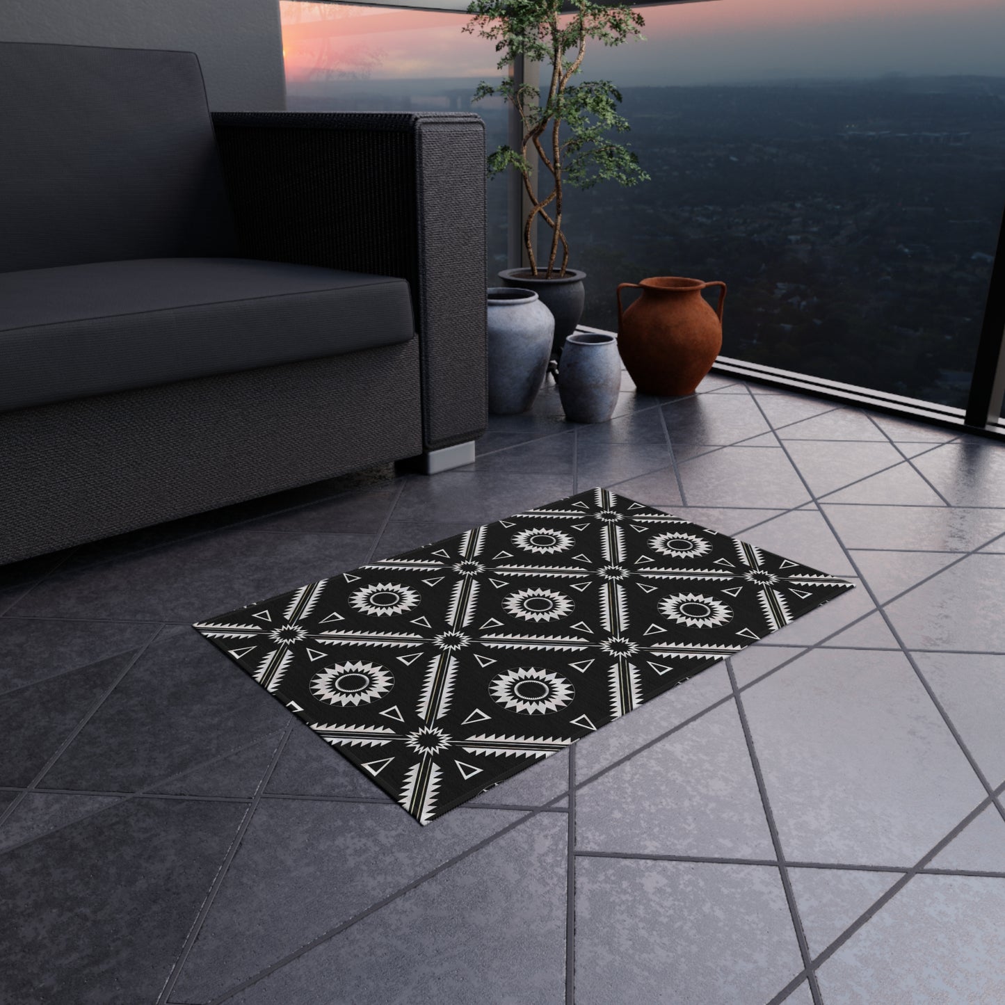 Black and White Southwestern Stylish Outdoor Rug for Patios, Boho Home Decor, Deck Mat, Garden Accent Rug, All-Weather Area Rug - LOLA VEGAS ART