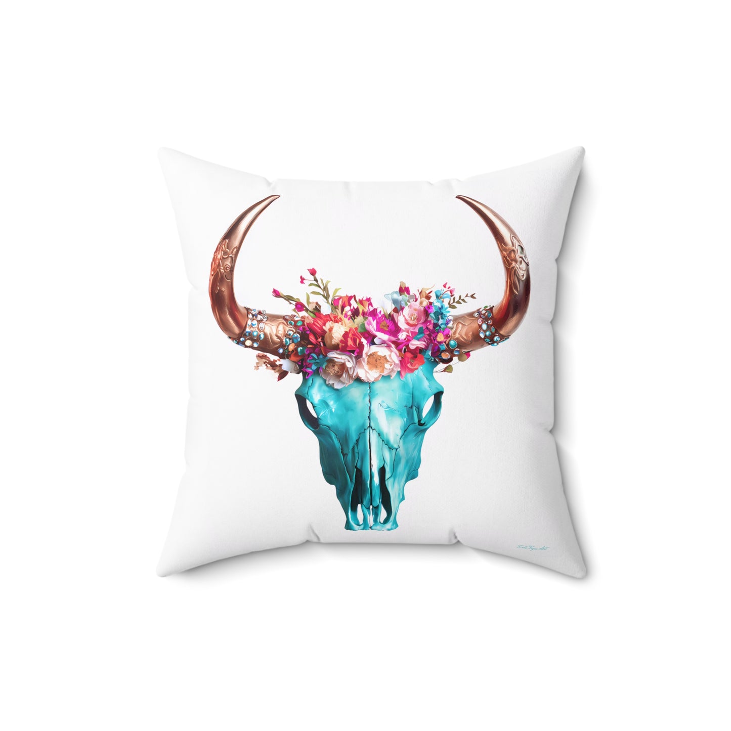 Boho Turquoise Skull Head Spun Polyester Pillow - Southwestern Hippie Home Decor,  Square Cushion Cover, Bohemian Throw - LOLA VEGAS ART
