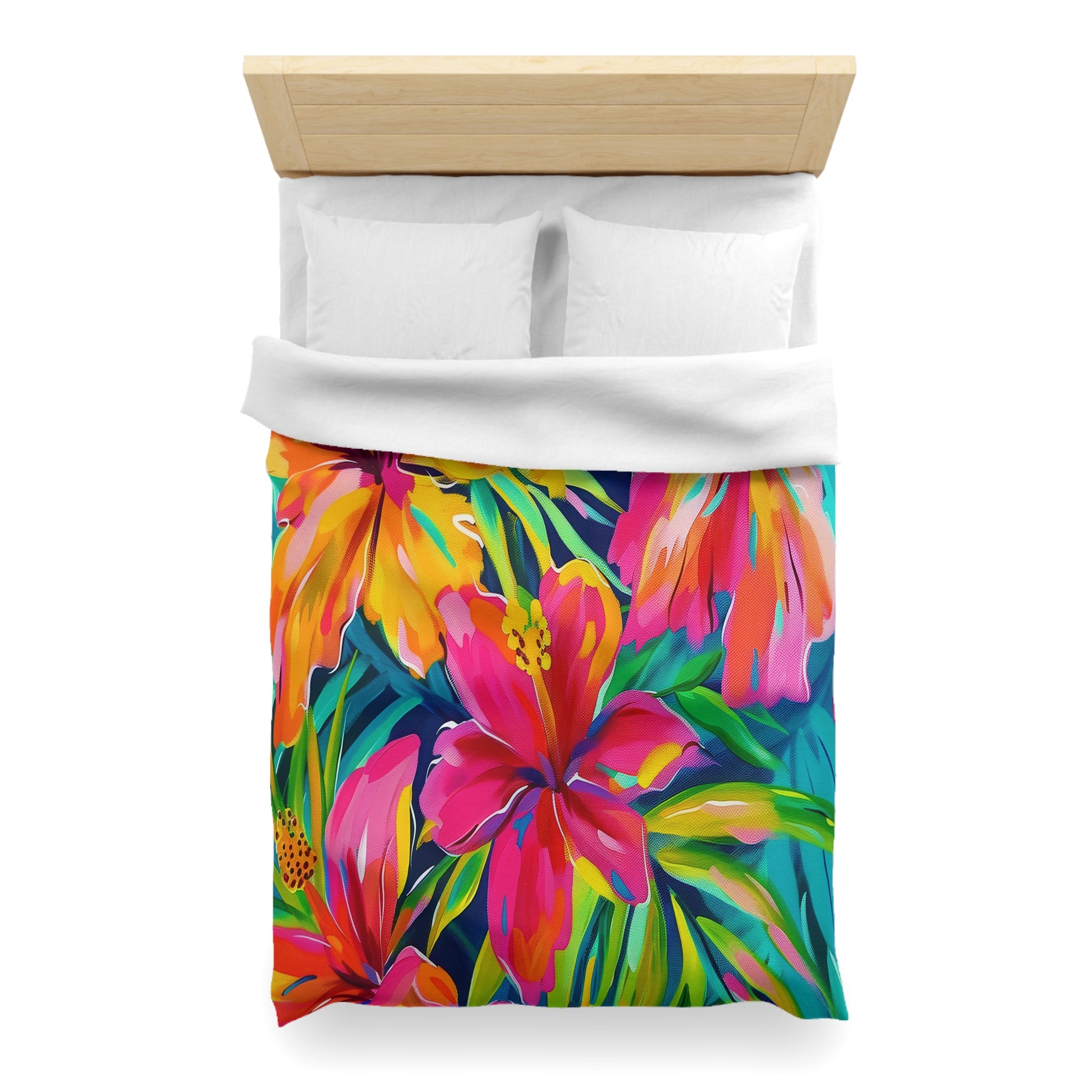 Tropical Floral Microfiber Duvet Cover - Vibrant Bedding, Boho Home Decor, Floral Print Cover, Summer Vibes, Gift for Her, Pink and Green - LOLA VEGAS ART