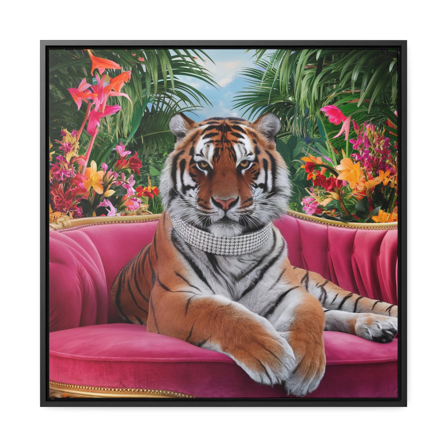 Tiger Square Canvas Wrap Wall Art, Majestic Tropical Flowers Regal Nature Home Decor, Pink Velvet Couch Animal Print, Jungle Theme Room - LOLA VEGAS ART
