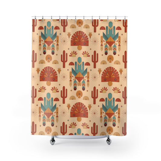 Desert Boho Shower Curtain - Vintage Southwest Decor, Bathroom Accessory, Cactus Patterns, Bohemian Style, Home Decor, Gift - LOLA VEGAS ART