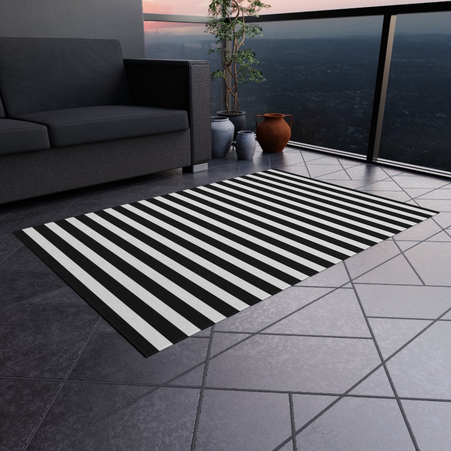 Black and White Stripe Indoor/Outdoor Rug | Patio Mat, Modern Chevron-Free Design