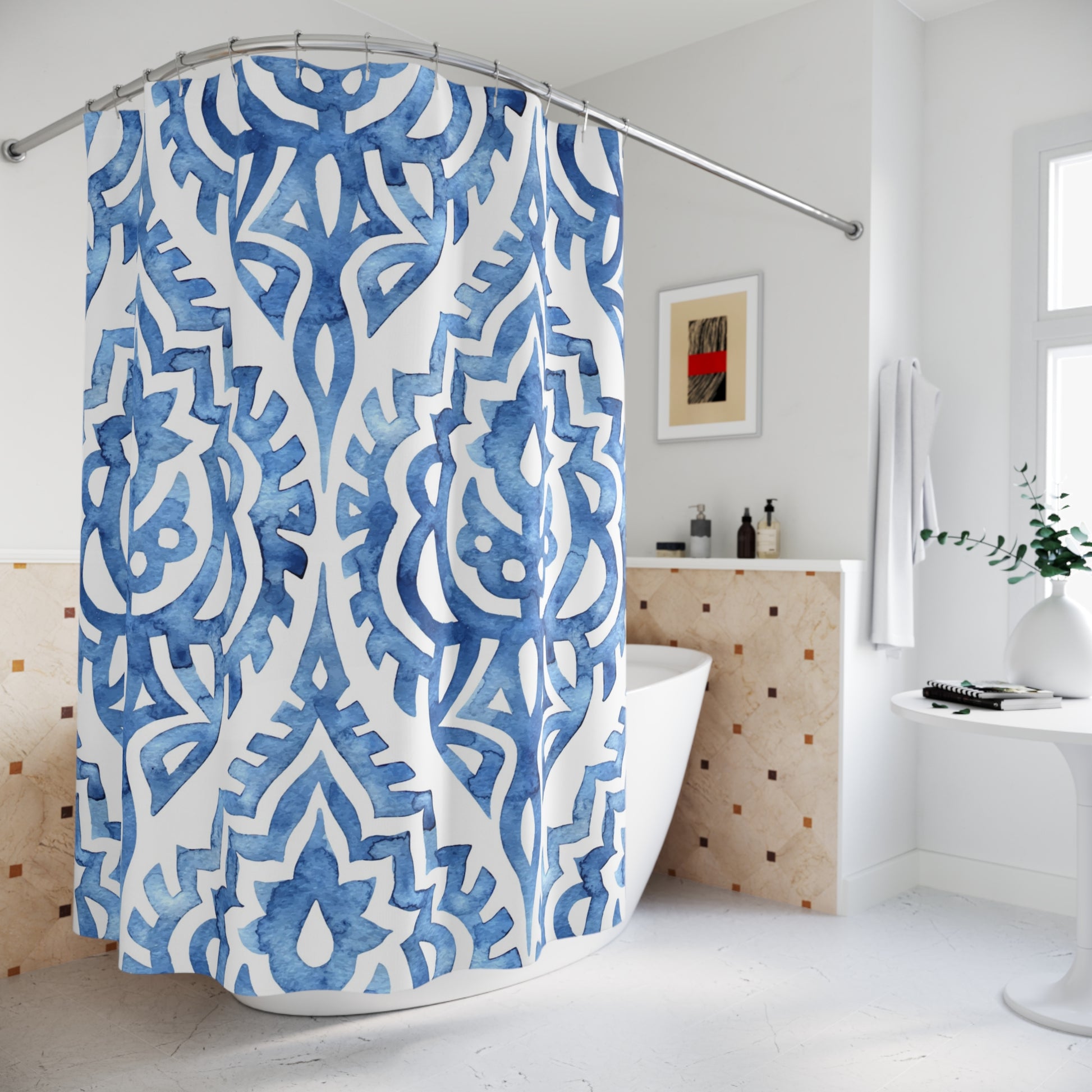 Elegant Blue Pattern Shower Curtains, Bathroom Decor, Home Spa Gift, Bohemian Style, Unique Bath Accessories - LOLA VEGAS ART