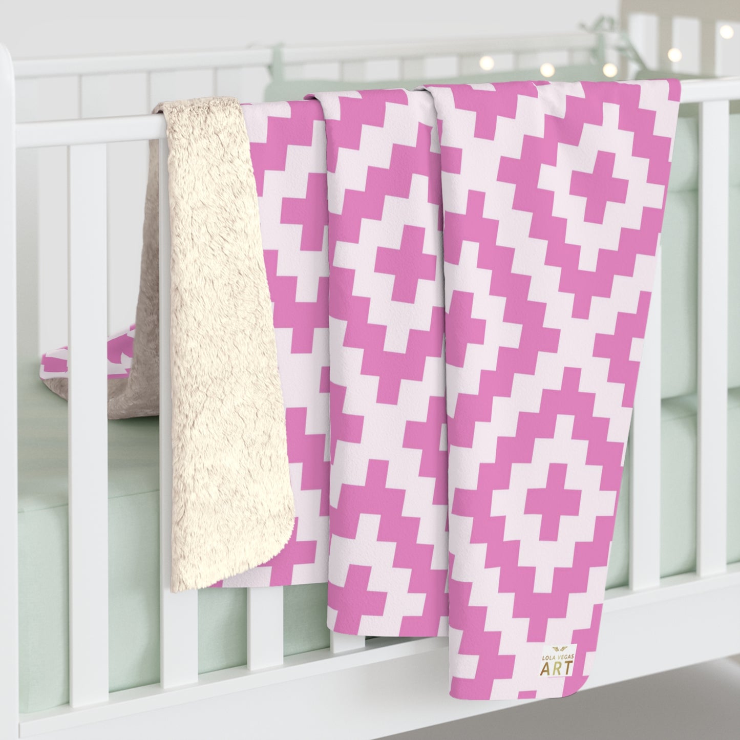 Boho Native American Pink White Geometric Diamond Pattern Sherpa Blanket | Cozy Fleece Throw