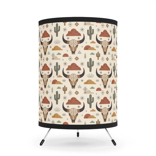 Desert Vibes Tripod Lamp, Boho Home Decor, Southwestern Lighting, Cactus Shade, Rustic Cow Skull Design, Cowboy Decor - LOLA VEGAS ART