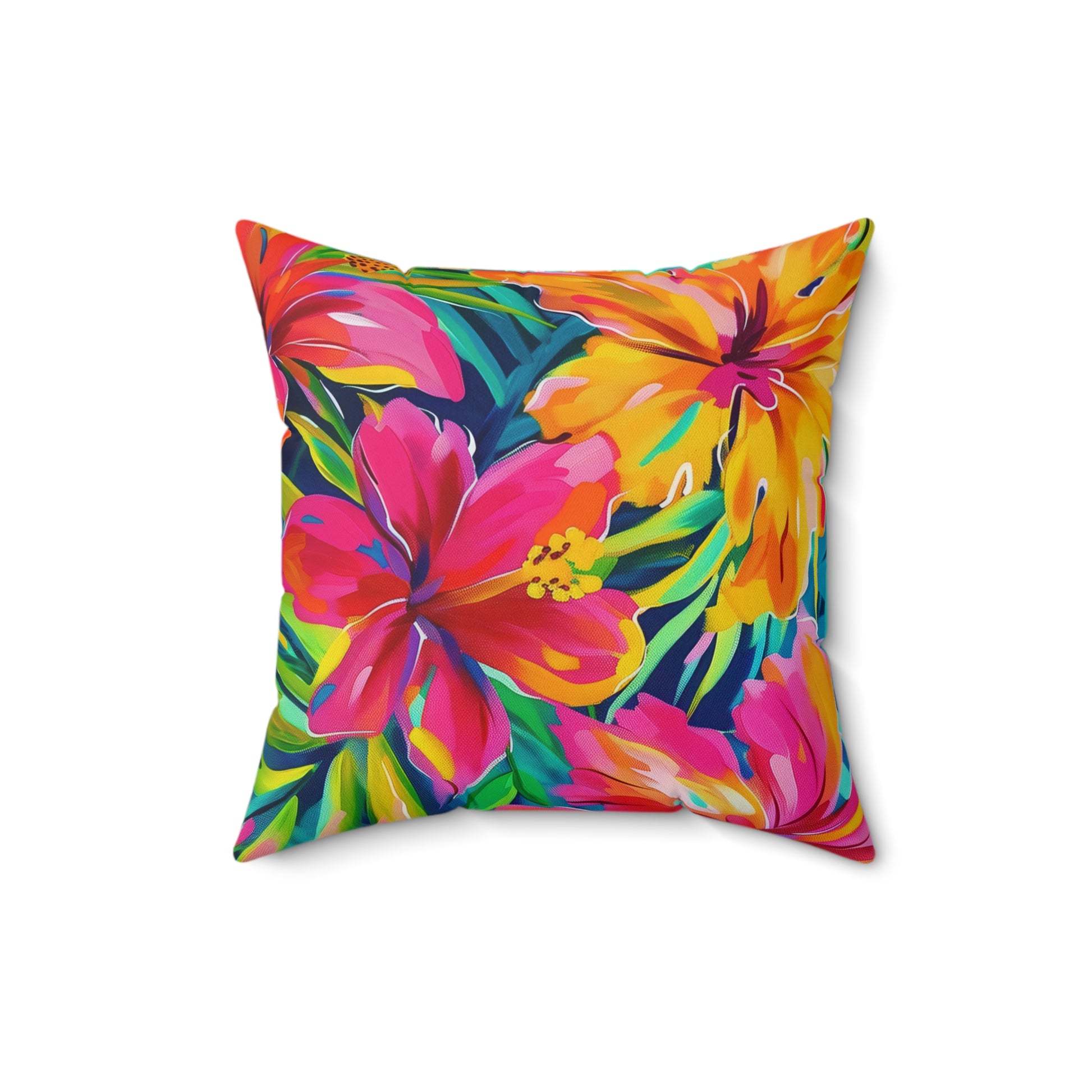 Vibrant Pink, Yellow, Blue Floral Throw Pillow, Tropical Home Decor, Bright Cushion for Living Room, Summer Vibes, Gift for Friends - LOLA VEGAS ART