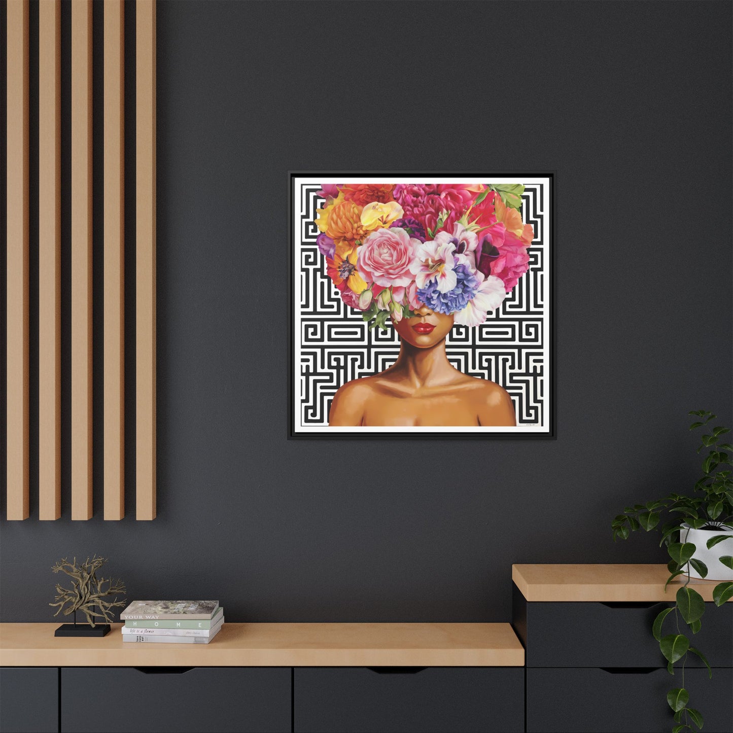 Framed Art Canvas: Vibrant Floral Portrait Decor, Boho Wall Art, Home Gallery, Gift for Her, Inspirational Art, Woman With Flower Head - LOLA VEGAS ART