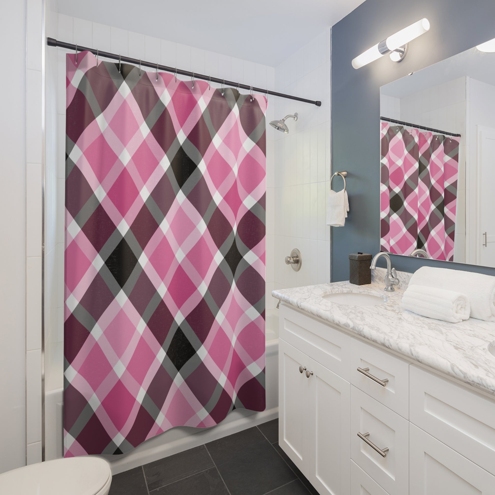 Elegant Pink Plaid Shower Curtain, Stylish Bathroom Decor, Modern Home Accessories, Gift for Her, Boho Chic Design - LOLA VEGAS ART