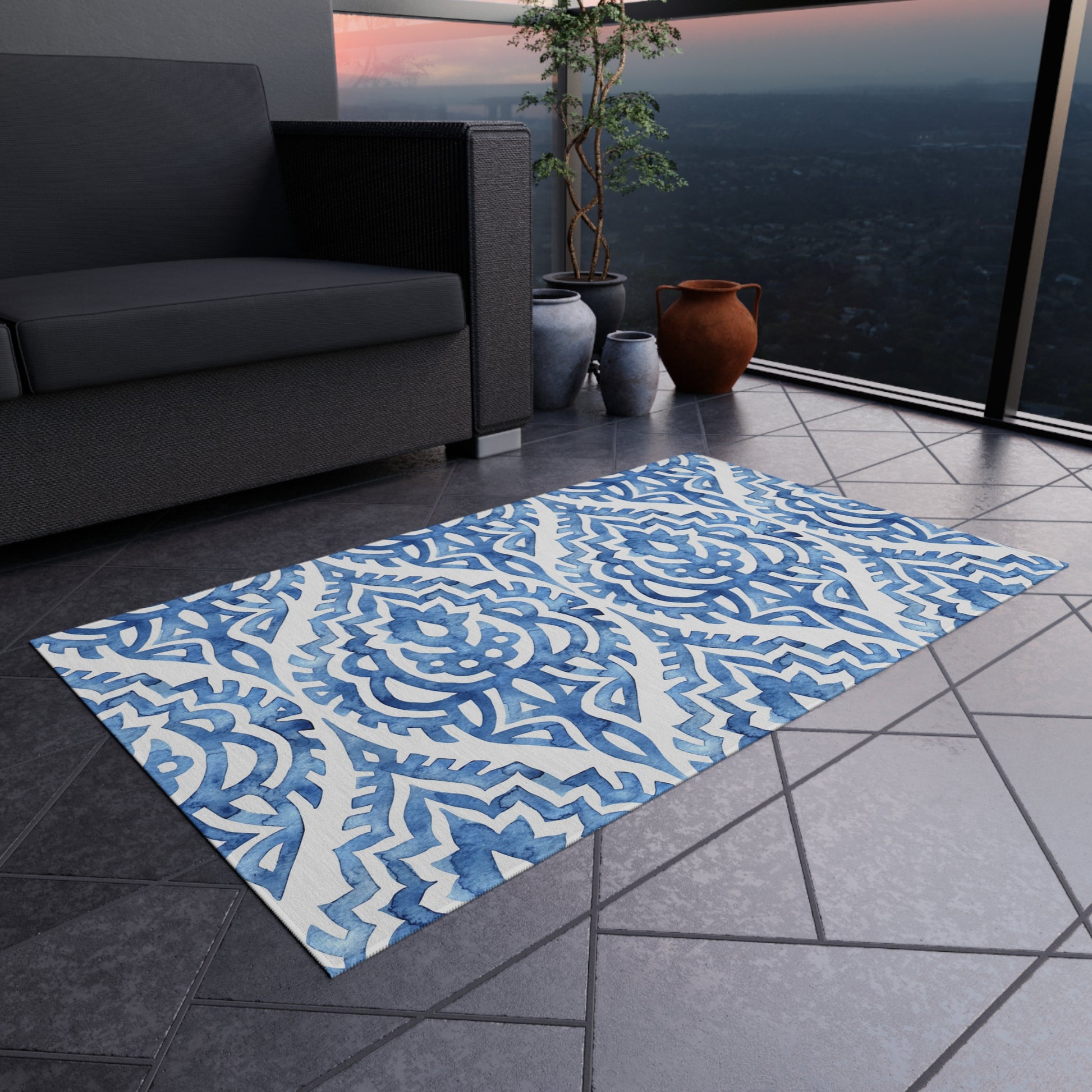 Outdoor/Indoor Rug in Elegant Blue Pattern, Patio Decor, Garden Style, Camping Accessory, Indoor/Outdoor Mat - LOLA VEGAS ART