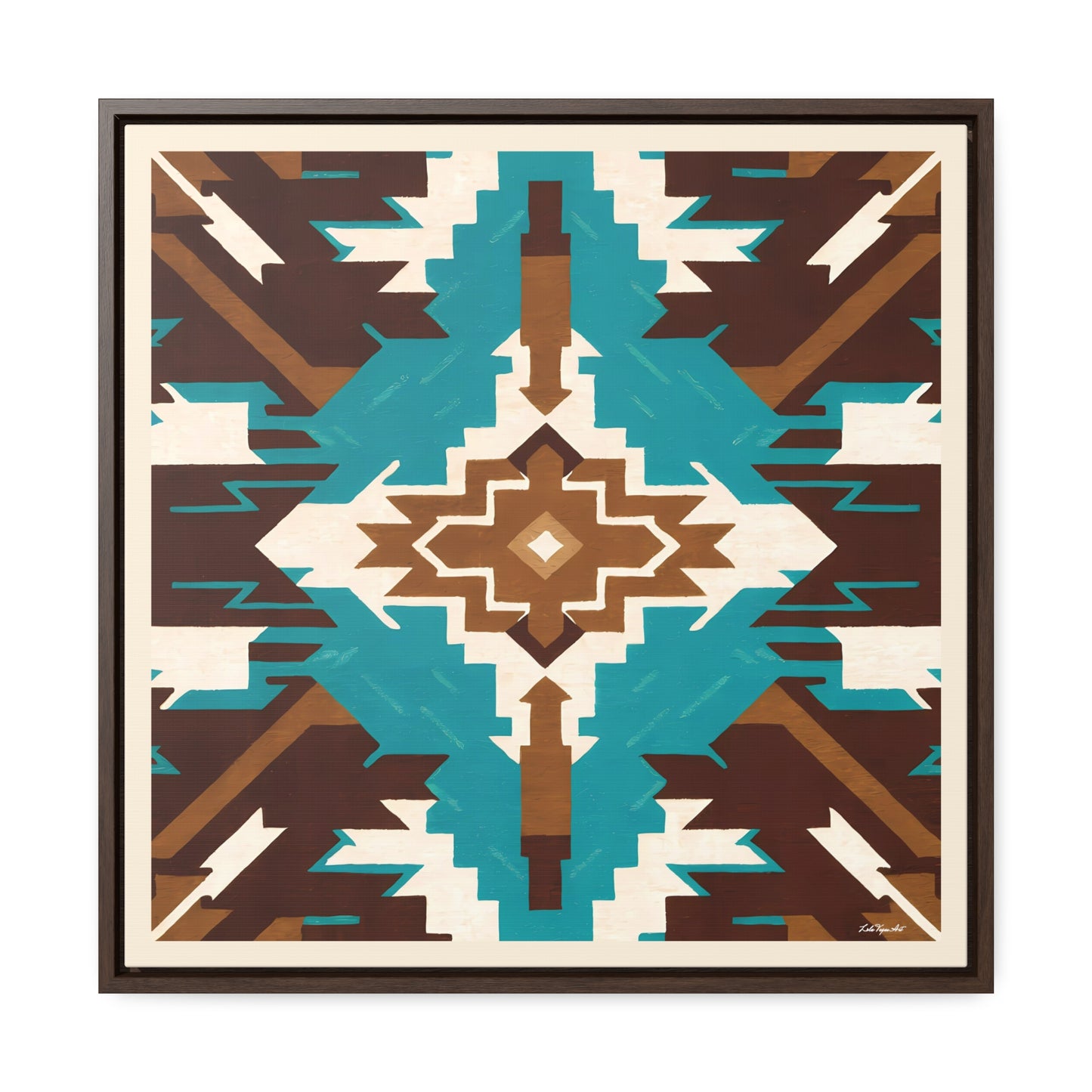 Framed Canvas Art, Native American Boho Wall Decor, Ethnic Home Decoration, Square Frame, Gallery Canvas, Turquoise and Brown Design - LOLA VEGAS ART